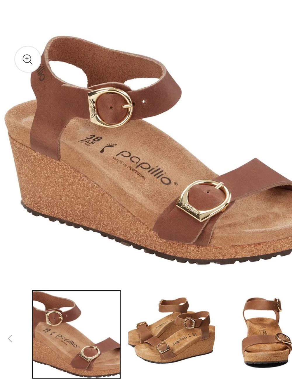 Birkenstock Soley Ring Buckle Wedge Sandals Natural Leather Cognac 39 8-8.5